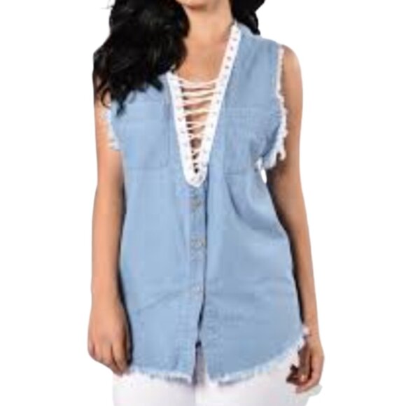 Furst of a Kind LF Blue Denim Distressed Top Lace-Up V-Neck Sleeveless Cotton - Picture 1 of 11